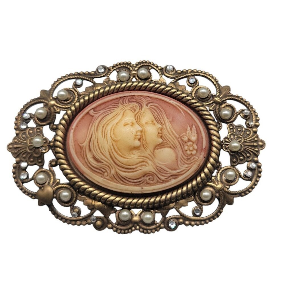 Hidden Hearts Faux Cameo Brooch Imitation Pearls Rhinestones Large Oval Frame